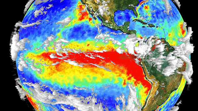 The image shows the central Pacific in a computer model. A striking feature is the ocean coloured red, which indicates very warm seawater.