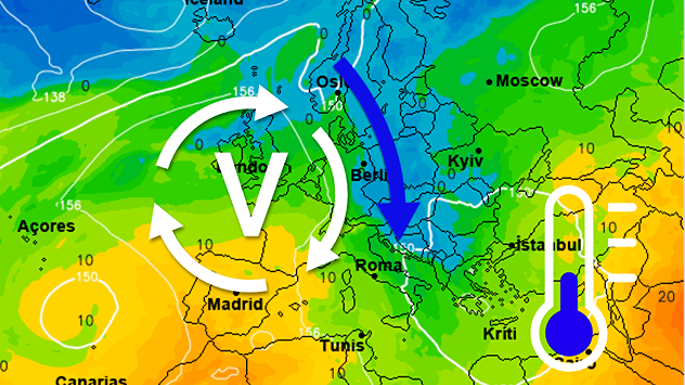 Synoptická mapa Európy s tlakovou výšou nad západnou Európou, modrou šípkou prílevu chladného vzduchu od severu do strednej Európy a modrým teplomerom.