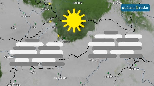 Obrázok meteorologického radaru s vyobrazením hmiel v nižších polohách a slnečným počasím na severe a na horách.