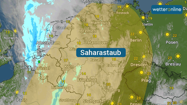WetterRadar: Besonders in der Westhälfte trieb der Saharastaub die Wolkenbildung an.
