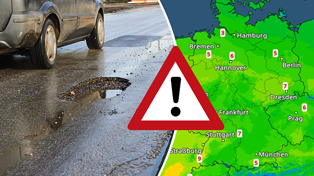 Geteilte Grafik: links ein Schlagloch in nasser Straße mit vorbeifahrendem Auto, rechts eine TemperaturRadar-Karte von Deutschland und Warnsymbol.