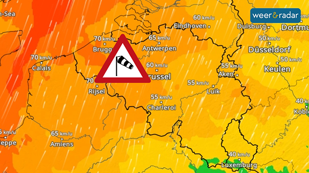 De windradar voor België laat woensdag een stevig windveld zien met de hoogste windsnelheden tot 75 kilometer per uur langs de westkust.