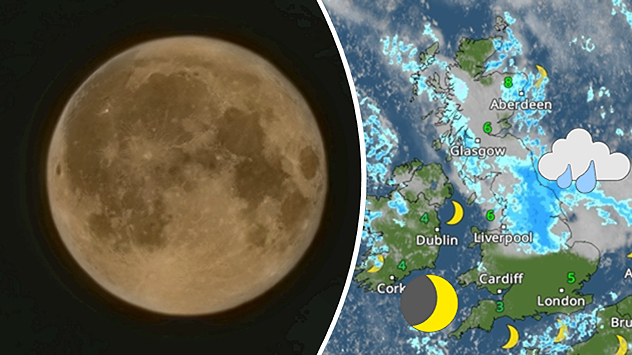A split image showing a close-up of a full moon on the left, and on the right a UK and Ireland weather map with blue and white patches indicating widespread rain or cloud. Several moon and cloud icons appear over different regions, with temperatures marked mostly between 4°C and 8°C.