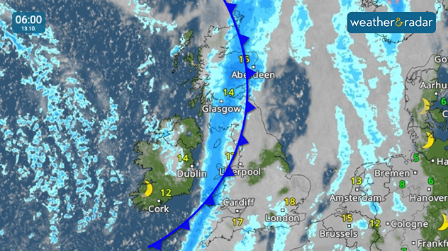 Weather map at 06:00 on 13.10 showing a blue cold front extending from Scotland through Wales, with rain bands across the UK and Ireland.