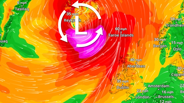 Wind map for Wednesday 14.10 showing intense low pressure near Iceland, with 60 mph winds at the Faroe Islands and 40 mph near Aberdeen.