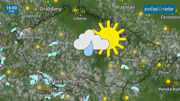 Meteoradar, screenshot, 17. dubna 16:00: Pod vlivem nevýrazné oblasti vyššího tlaku vzduchu panuje v těchto dnech v Česku teplé, většinou polojasné počasí s ojedinělým výskytem přeháněk.