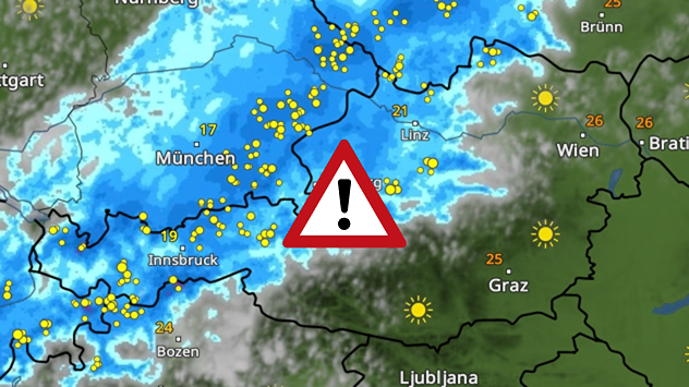 WetterRadar mit kräftigem Regen und zahlreichen Gewittern über den Alpen.