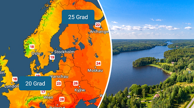 Links das TemperaturRadar für Europa, rechts ein Bild von von einem See in Finnland mit viel Wald herum.