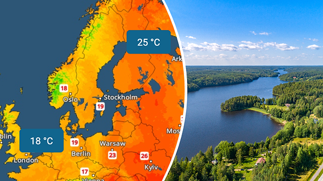 On the left is the Temperature Radar for Europe; on the right is a picture of a lake in Finland surrounded by woodland.