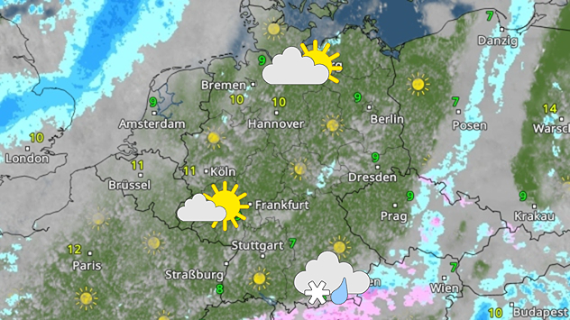 Wetterkarte Deutschland mit Sonne-Wolken-Mix und Niederschlägen im Süden. Kühle Temperaturen im ganzen Land.