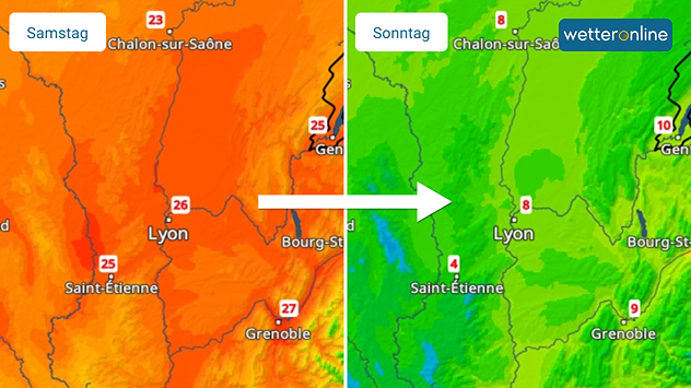 Temperaturkarten von Lyon für Samstag und Sonntag im Vergleich. Wechsel von warmen Orangetönen zu kühlen Grüntönen. Darstellung eines schnellen Temperatursturzes.