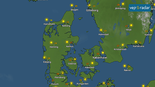 VejrRadar over Danmark med solrigt sommervejr og temperaturer op mod 28 grader.