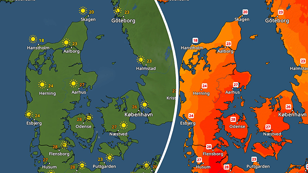 Sammenligning af VejrRadar over Danmark med stigende temperaturer og varmere sommervejr.