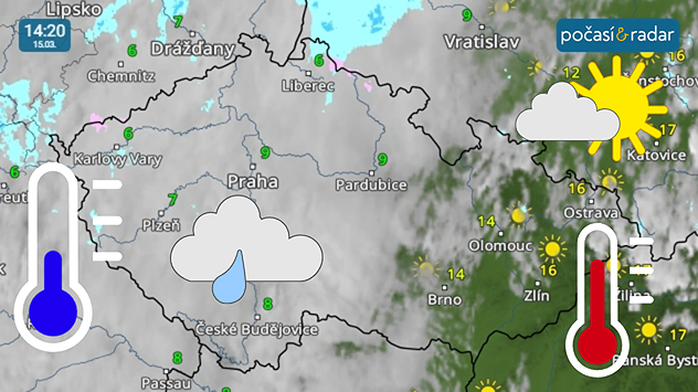 Meteoradar, screenshot, 15. 3. 14:20: V neděli odpoledne nad Čechami panuje velká oblačnost, kterou ojediněle doprovází slabé srážky, na Moravě a ve Slezsku je obloha převážně polojasná a teploty stoupají k hodnotám kolem 15 °C.