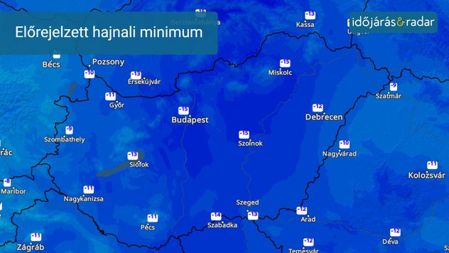 Hőmérsékleti térkép: az egész országban mínusz értékek, jellemzően -11 és -20 fok közötti értékekkel amik kék színnel vannak jelölve.