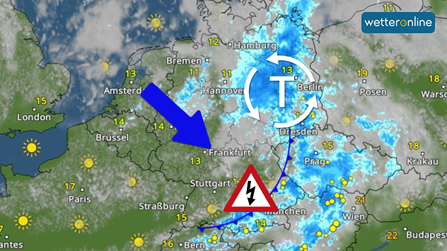 Wetterkarte Mitteleuropas mit Tiefdruckgebiet über Nordostdeutschland, Regenband von Nord nach Süd, Kaltfront und Gewitterwarnung in Süddeutschland sowie sonnigem Wetter in Westeuropa.