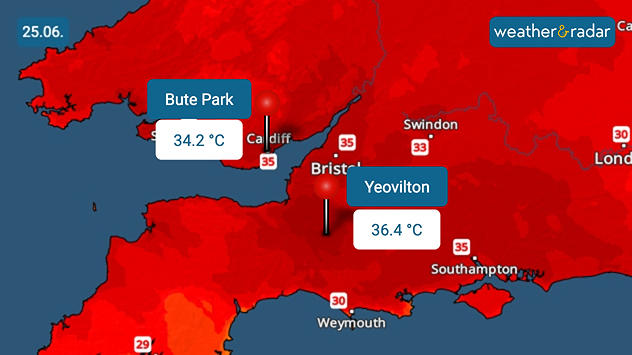 Temperature map of southwest Britain on 25.06 showing extreme heat across southern Wales and southwest England, with Bute Park in Cardiff highlighted at 34.2°C and Yeovilton at 36.4°C amid widespread deep red heat zones.