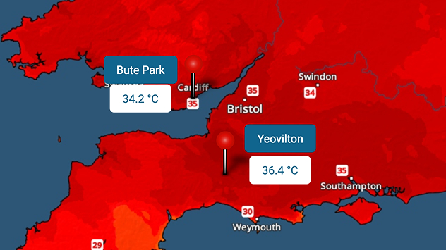 Temperature map of southwest Britain on 25.06 showing extreme heat across southern Wales and southwest England, with Bute Park in Cardiff highlighted at 34.2°C and Yeovilton at 36.4°C amid widespread deep red heat zones.