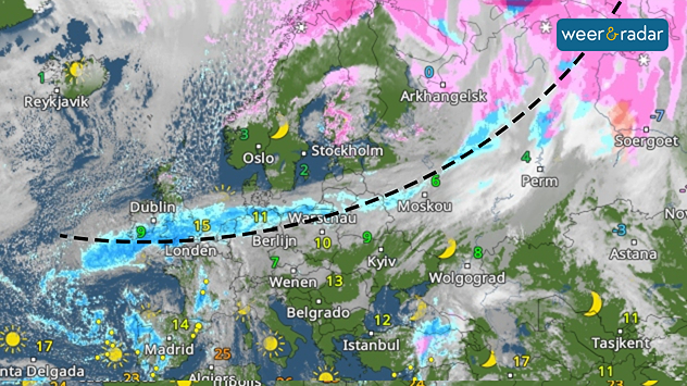 Deze kaart van Europa toont op de WeerRadar een front van de Atlantische Oceaan tot in het westen van Siberië. Het front is weergeven met een stippellijn.