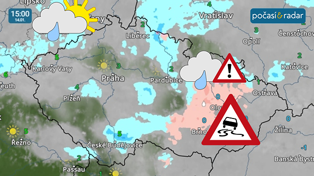 Meteoradar, screenshot, 14. 1. 15:00: S mrznoucími srážkami se na některých místech setkáme ještě ve středu a ve čtvrtek.