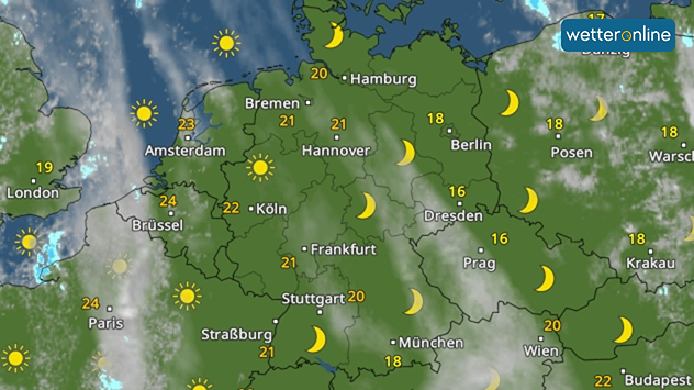 Wetterkarte mit Temperaturen und Symbolen für Sonne und Wolken über Deutschland.