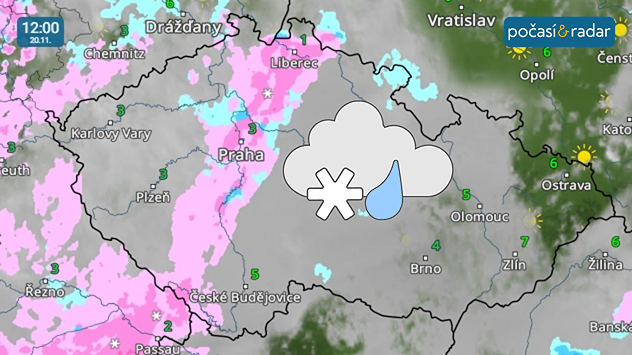 Meteoradar, screenshot, 20. 11. 12:00: Počasí ve čtvrtek - nad Českem bude převažovat velká oblačnost, kterou místy doprovodí občasný déšť se sněhem nebo sněžení. Denní teploty se budou pohybovat většinou jen slabě nad nulou.