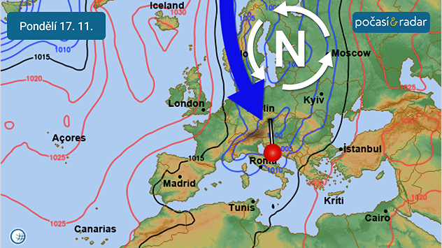 Stav synoptické situace nad Evropou, pondělí 17. 11. Do Česka začne v pondělí po přechodu studené fronty pronikat studený vzduch od severu.