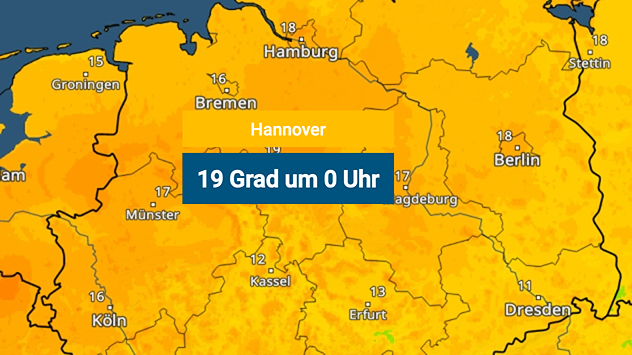 Um Mitternacht liegen die Temperaturen verbreitet noch bei rund 15 Grad. Am wärmsten wird es in Hannover mit 19 Grad.