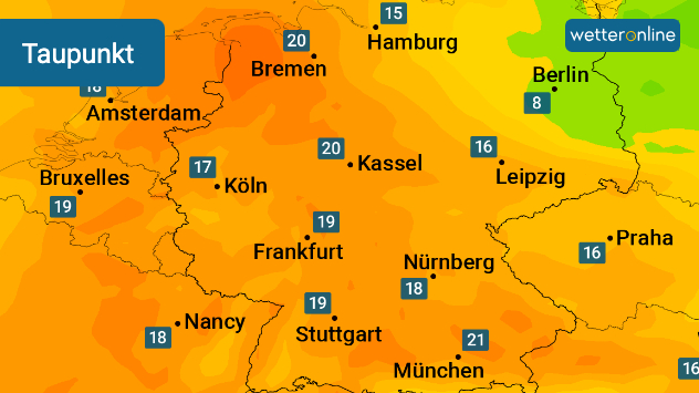 Die Taupunkttemperaturen liegen am Nachmittag in der ganzen Westhälfte verbreitet bei 17 bis 20 Grad.  