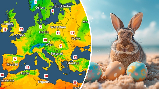 Temperaturkarte von Europa mit milden Werten. Daneben ein Hase mit bemalten Ostereiern. Symbolbild für Frühling und Osterzeit.