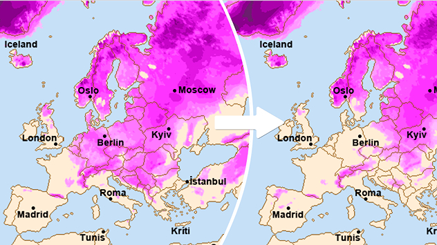 Terwijl afgelopen weekend nog grote delen van Midden-Europa bedekt waren met sneeuw (hier in roze), ziet het einde van deze week er heel anders uit.