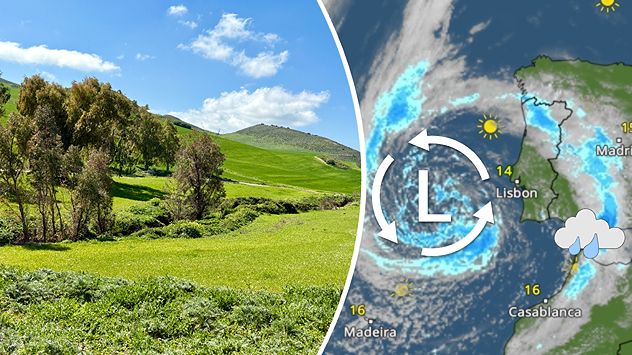 A green, rolling landscape after rain. Alongside it, a weather map showing a low-pressure system. Indications of further rainfall.