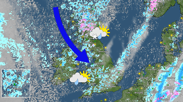 UK and Ireland overview map showing rainfall, cloud patterns and city temperatures on Saturday.