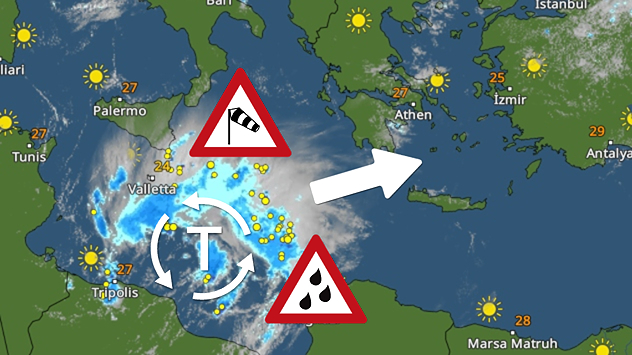 Meteorologická mapa ukazuje silnou tlakovou níži ve Středozemním moři s výstražnými symboly před bouří a silným deštěm.