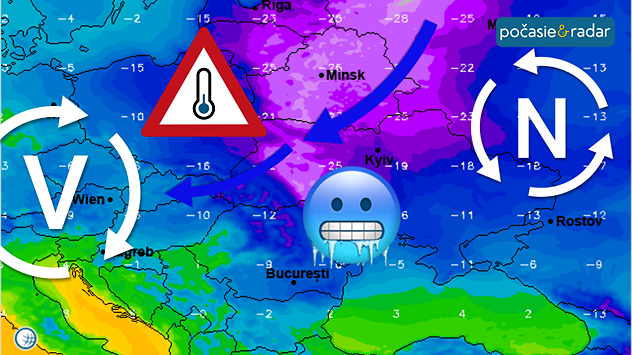 Synoptická mapa. Znázornená poloha výše zasahujúcej do strednej Európy zo západu, a poloha níže nad Ruskom. Medzi týmtiot útvarmi znázornený smer prúdenia chladného vzduchu od severovýchodu. Doplnené symbolom varovania pred nízkymi teplotami a zmrznutým emojim.