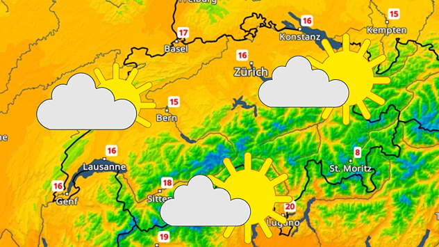 Temperaturkarte der Schweiz für Sonntag. Landesweit steigen die Werte an, besonders mild wird es im Süden.