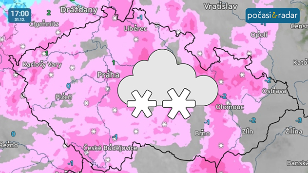 Meteoradar, screenshot, 31. 12. 17:00: Sněžení zasáhne v poslední den roku prakticky celé území Česka.