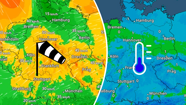 Geteilte Wetterkarte mit Windgeschwindigkeiten und Temperaturverteilung über Deutschland, Fokus auf Kälte und Wind.