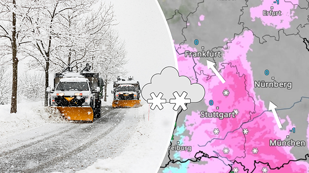 Ab Sonntagabend kommen aus den Alpen heraus kräftige Schneefälle auf.