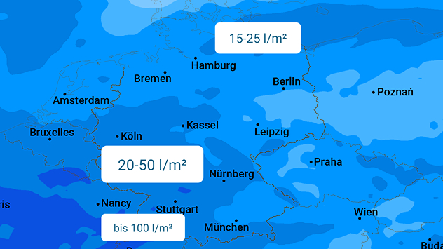 Niederschlagskarte für Mitteleuropa bis Sonntag. Farben markieren Regenmengen zwischen 15 und 100 l/m². Höhere Werte im Westen und Süden Deutschlands.