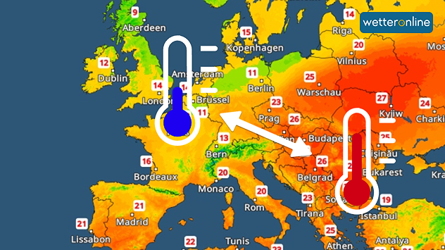 Mapa de Europa que muestra los contrastes de temperatura entre el noroeste, más frío, y el este y el sureste, más cálidos. El degradado de colores y los símbolos ilustran estas diferencias.