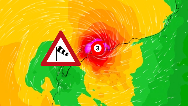 Mappa meteorologica con un intenso vortice di bassa pressione e forte vento vicino alla costa.