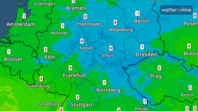 Das TemperaturRadar zeigt Temperaturen um 0 Grad in Deutschland.