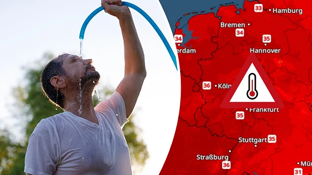 Links ein Man,, der sich mit dem Gartenschlauch abkühlt, rechts das TemperaturRadar