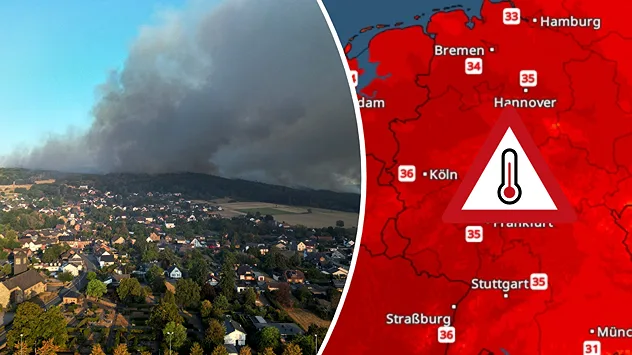 Links ein Waldbrand, rechts das TemperaturRadar für Deutschland