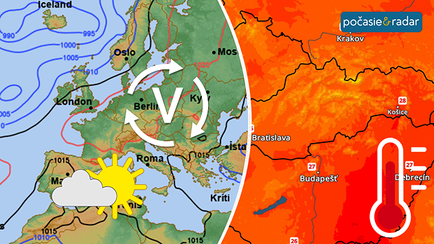 Vľavo synoptická mapa, vpravo teplotná mapa.