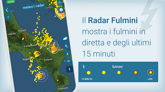Radar fulmini: la foto mostra l'ubicazione dei fulmini attraverso i pallini gialli rappresentati sulla mappa