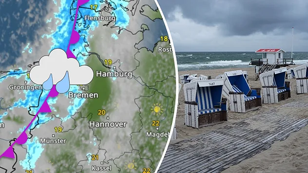 Links das WetterRadar, das Regen im Nordwesten Deutschlands zeigt, rechts Strandkörbe bei Regenwetter.