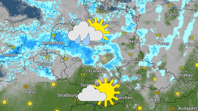 WetterRadar mit Regen und Wolken im Norden sowie mehr Sonnenschein im Süden Deutschlands.
