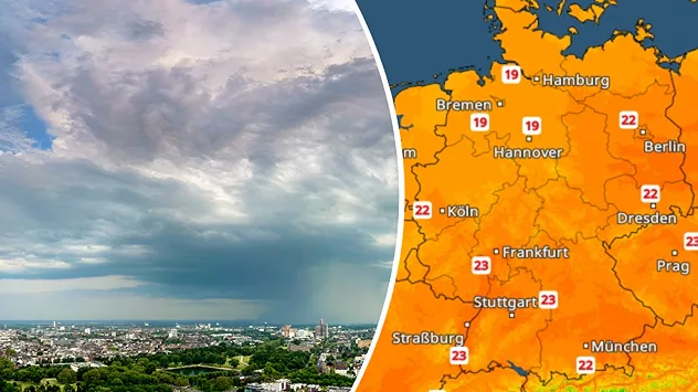 Geteilte Grafik mit Schauerwolken über einer Stadt und TemperaturRadar für Mitteleuropa. Die Höchstwerte liegen verbreitet um 20 bis 23 Grad.